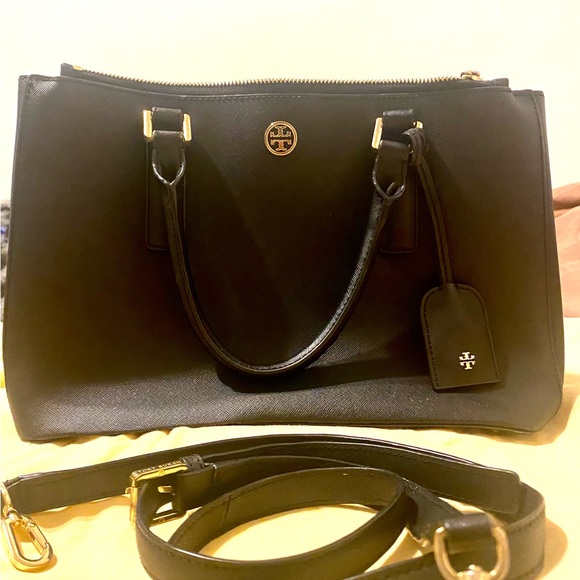 Tory Burch Robinson Double Zip Tote Saffiano Black Leather Large - Picture 6 of 6